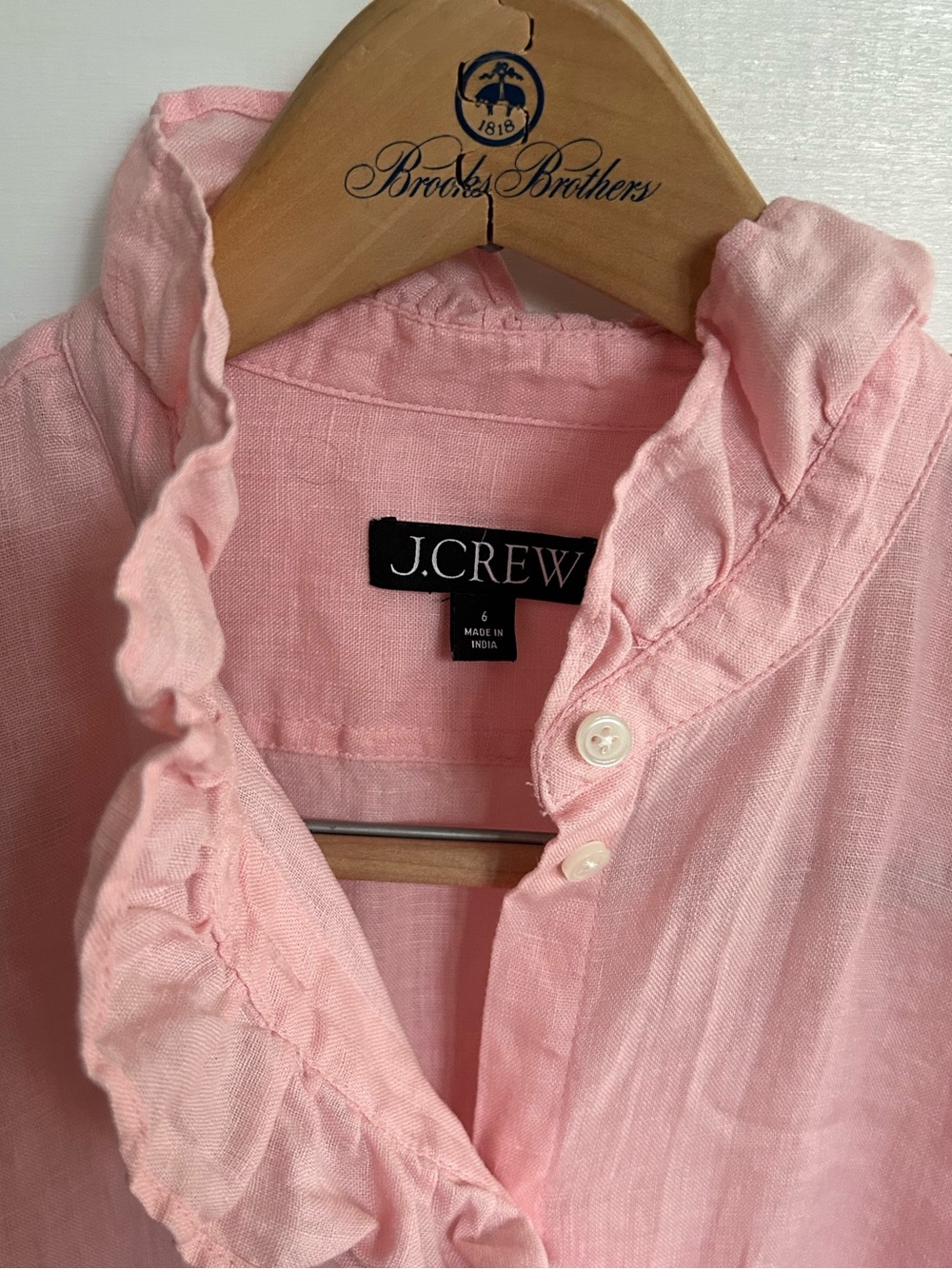 J. Crew Pink Linen Ruffle Short-Sleeve Button-Up Blouse - Picture 2 of 4